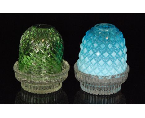 A late 19th Century Stourbridge glass Fairy Night Light dome in quilted pale green, mounted to a pressed flint glass Clarkes 