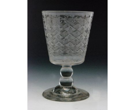 A late Georgian John Davenport Patent glass rummer circa 1810, bucket bowl acid etched with repeat chevron motifs above a dou