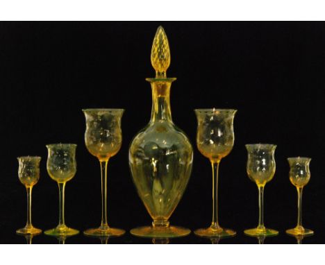 A part suite of John Walsh Walsh glass comprising six liqueur, four wine, two hock and a decanter, each with tulip form bowls