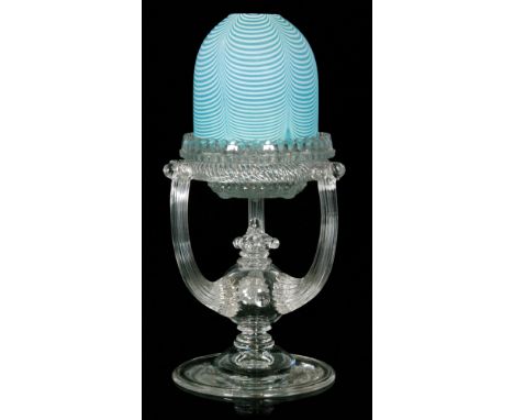 A late 19th Century Stourbridge Fairy Night Light with a pale blue dome decorated with fine white pulled thread, raised to a 