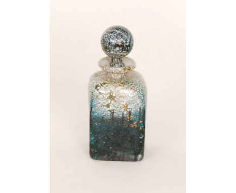 A later 20th Century Isle of Wight Golden Rain scent bottle of square sleeve form with ball stopper, decorated with gold aven