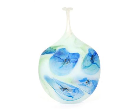 A large contemporary London Glassblowing Blue Floral Dropper glass vase designed by Peter Layton, of compressed ovoid form be