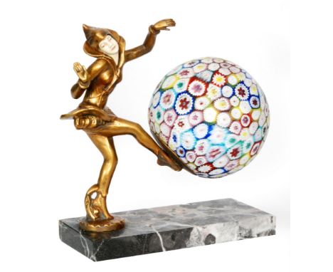 An Art Deco Danseuses Des Indies lamp designed by Ignacio Gallo, with a spelter theatrical figure in a gold finish and painte