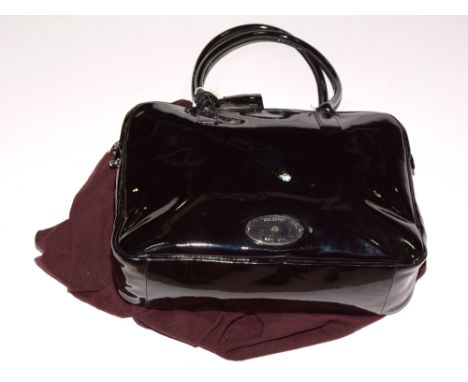 Mulberry black shiny leather handbag, with two stiff black leather straps, opening to reveal folio compartment, pockets, pen 