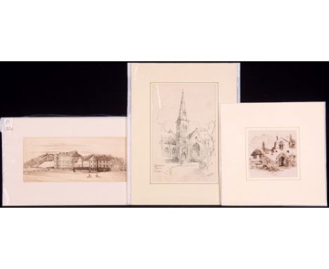 Hector Chalmers - coastal scene with fishing boats, signed, pencil, 12 x 16.5cms; W*** J*** Lacos - "Warkham Square, Chelsea"