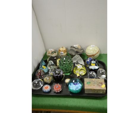 22 Paperweights to include Caithness - some signed; together with an onyx trinket box