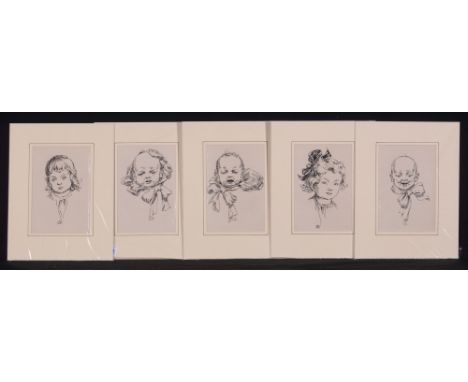 Edwin Bold - portrait studies of children, signed with initials, pen and ink, 18 x 12.5cms, unframed. (5)