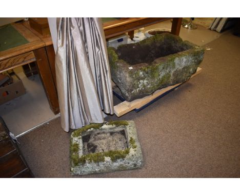 Large sandstone Trough. 89cm wide; together with another smaller. 55cm wide.