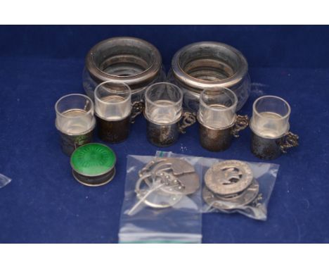 A set of five silver mounted and glass chocolate cups, by Williams Birmingham Ltd., Birmingham 1913; and other items. to incl