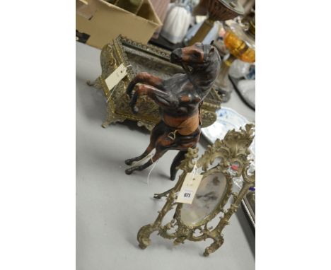 A brass planter; a horse; and table top mirror.