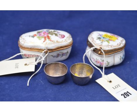 Two early 20th Century Dresden patch boxes, with hand-painted floral decoration; together with a pair of Chinese white metal 