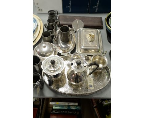 Silver plate to include tea service by Walker &amp; Hall; together with 7 pewter tankards