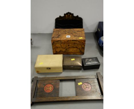 Figured Walnut and inlaid Tea Caddy; laquered letter rack; 3 boxes and an oak book stand