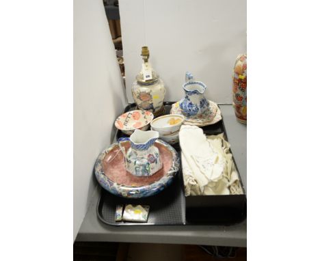 Ceramics to include Spode octagonal jug and another blue and white jug by Masons; lustre bowl; Table lamp and other ceramics 