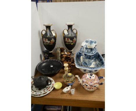 Shelley bowl and vase; Montrose jug and ewer; Wedgwood basalt teapot; copper lustreware; pair of Staffordshire Egyptian vases