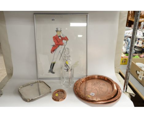 Johnnie Walker advertising items to include 3 copper pub trays; ashtray; Johnnie Walker salver; framed print and decanter