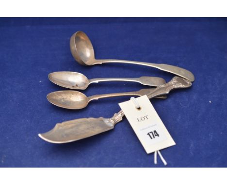 A Victorian silver fish knife, by Samuel Hayne &amp; Son, London 1840; together with a silver ladle; and two silver teaspoons