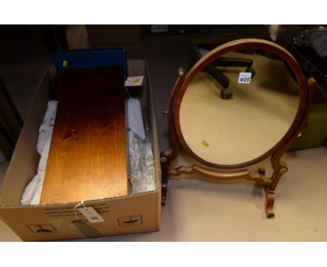 A wooden box of carving knives; a dressing table mirror; together with linen; and Royal Worcester place mats.