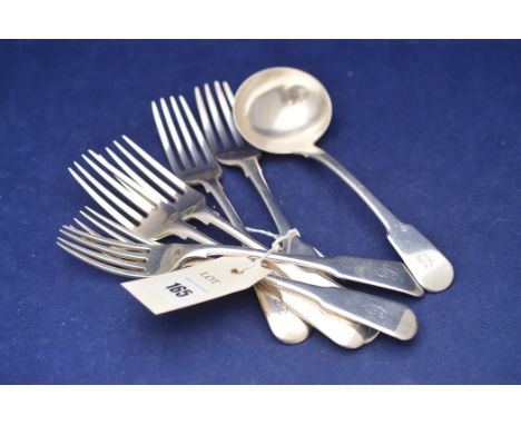 A set of six George III silver forks by Peter &amp; William Bateman, London 1808; together with a George III silver ladle, 14