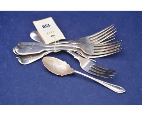 Set of five Victorian silver forks by John Walton, Newcastle 1844, fiddle pattern and engraved initial R; together with Georg
