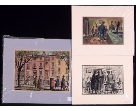 J*** Meade - "Street Scene", watercolour, 26 x 35cms; together with two pub interior scenes, watercolour and monochrome, pen,