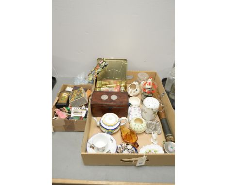 Items to include a mahogany tea caddy; needlework items; china and glassware