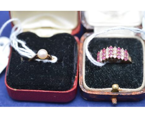 A ruby and diamond dress ring, on 9ct. yellow gold shank, ring size N; together with a pearl ring on 9ct. yellow gold shank, 