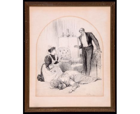 Henry French - a domestic incident, signed, pen and ink, 39 x 32cms, framed.