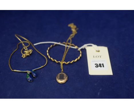 A yellow metal bangle; a yellow metal locket on fine linked chains, 19.7g; together with a necklace with enamel decoration.