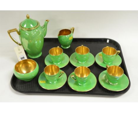 Carltonware Art Deco green and gold coffee set, to include 6 settings, coffee pot, sugar bowl and cream jug. Number 721741