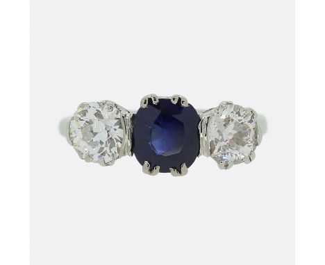 Vintage Sapphire and Diamond Three-Stone Ring. &nbsp; &nbsp; &nbsp; &nbsp; &nbsp; &nbsp; Weight:&nbsp;2.8 grams Size:&nbsp;M 