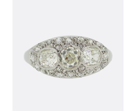 French Art Deco Three-Stone Diamond Ring. &nbsp; &nbsp; &nbsp; &nbsp; &nbsp; Weight:&nbsp;4.8 grams Ring Size:&nbsp;P (57) Ol