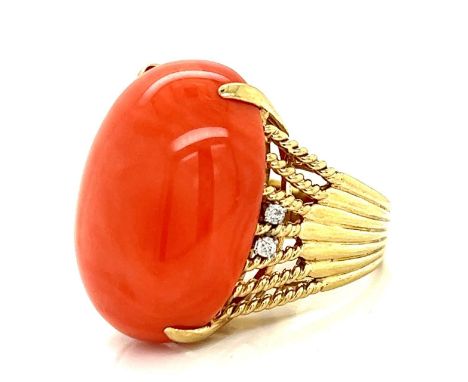 1970’s 14K Yellow Gold Italian Coral &amp; Diamond Ring.&nbsp; &nbsp; &nbsp; &nbsp; &nbsp; Weighing 18.1 grams 4 Diamonds wei