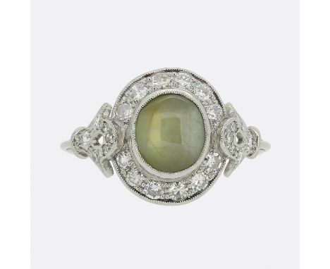 Art Deco Style Cat's Eye Chrysoberyl and Diamond Ring.&nbsp; &nbsp; &nbsp; &nbsp; &nbsp; Weight:&nbsp;3.5 grams Ring Size:&nb