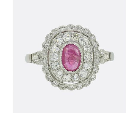 Art Deco Style Ruby and Diamond Ring. &nbsp; &nbsp; Weight:&nbsp;4.0 grams Ring Size:&nbsp;M 1/2 (53) Band Width:&nbsp;2mm - 