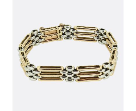 Edwardian Two Tone Gate Bracelet. &nbsp; &nbsp; &nbsp; &nbsp; &nbsp; Weight:&nbsp;16.9 grams Length:&nbsp;7 inches Width:&nbs