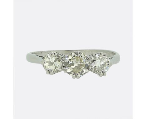Vintage Transitional Cut Diamond Three-Stone Ring.&nbsp; &nbsp; &nbsp; &nbsp; &nbsp; &nbsp; Weight:&nbsp;3.0 grams Ring Size: