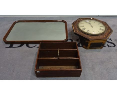 An early 20th century inlaid mahogany octagonal drop dial wall clock 45cm wide, an early 20th century mahogany three division