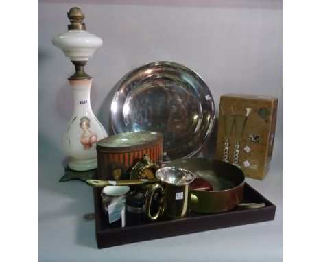 Collectables, including a copper pan, a tankard, a hip flask, a glass oil lamp and sundry. 