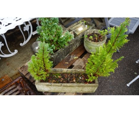 Garden statuary comprising a reconstituted stone rectangular planter 93cm wide x 20cm high, another similar smaller, 63cm wid