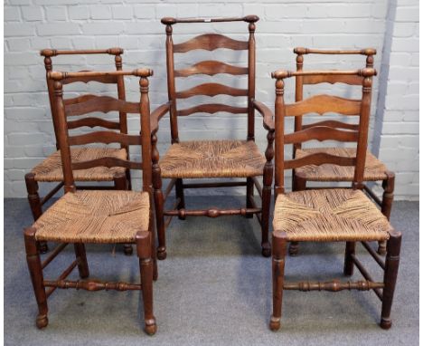 A set of five George III ash Lancashire ladder back dining chairs, on turned supports with one carver (5).