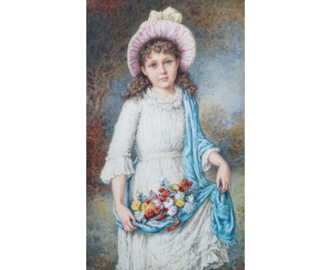 Agnes Rose Bouvier Nicholl (British, 1842-1892), A portrait of a girl with a blue shawl and flowers, signed and dated 'Agnes 