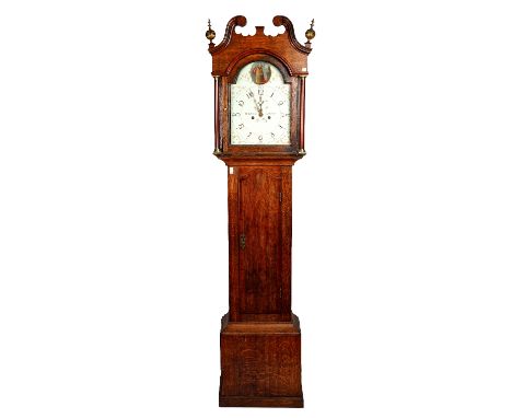 A George III oak longcase clock, the white painted arched dial with a roundel portrait of Lady Justice, signed H. BUNYAN LINC