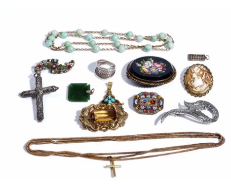 A gilt metal necklace, spaced with jade beads at intervals, six brooches, a turquoise pendant, a nephrite Maltese cross shape