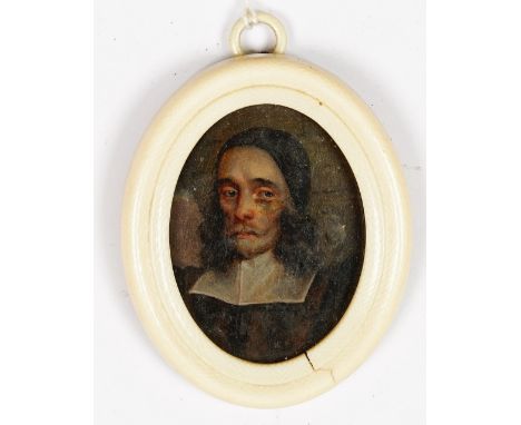 Northern European School, 17th Century, A portrait miniature of a gentleman wearing a white collar, oil on copper, 5 x 3.7cm,