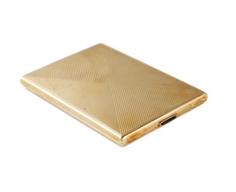 A Charlton &amp; Co New York gold rectangular cigarette case, presentation inscribed within, the interior sprung fitting deta