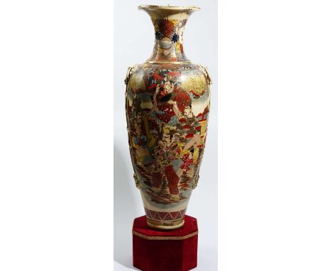 A very large Japanese Satsuma floor vase, early 20th century, painted with samurai warriors beneath brocade shoulders and nec
