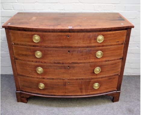 A George III inlaid mahogany bowfront chest of four long graduated drawers on bracket feet, 118cm wide x 88cm high. 