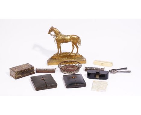 Two 19th century portrait minature cases, a mother-of-pearl visiting card case, a Sheffield plate wire-work bottle coaster, a