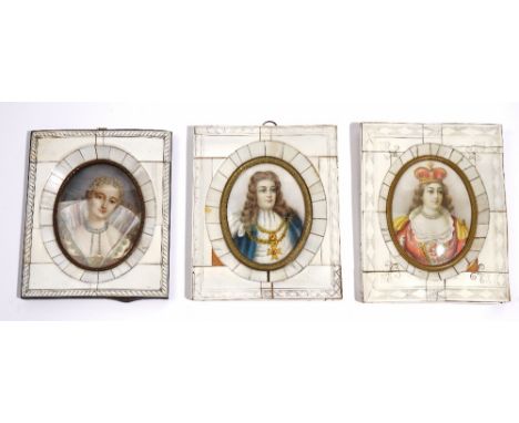 A group of three half-length oval portrait miniatures, early 20th century, glazed within ivory veneer frames, the largest 14c